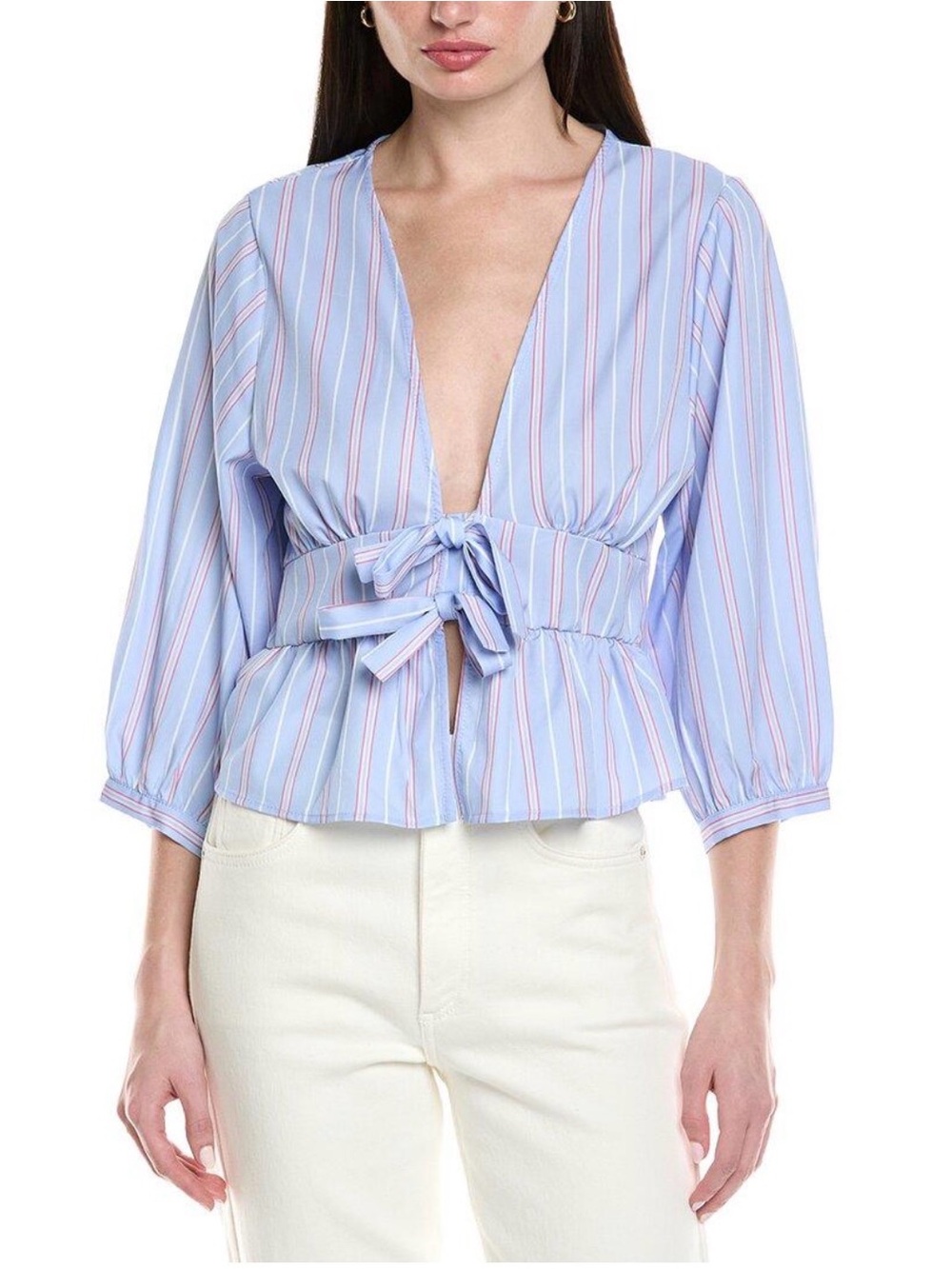 Zara Poplin Striped Tie-Front Peplum Blouse
